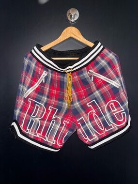 Rhude Red and Navy Plaid Basketball Shorts with Yellow Drawstring